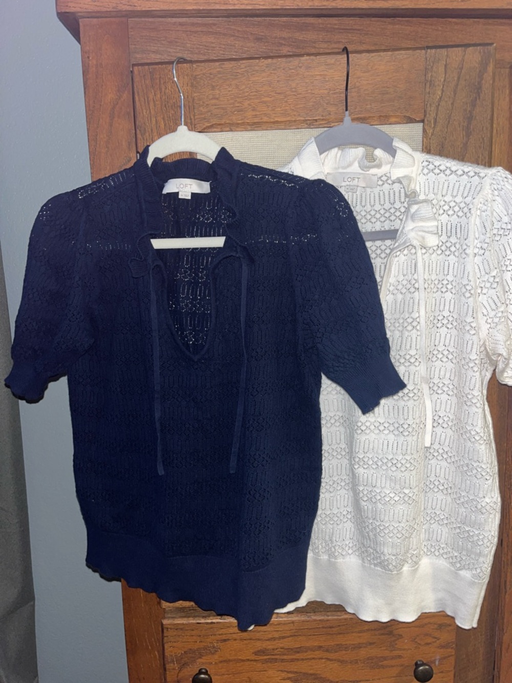 LOFT Cream and Navy Crochet Tie-Neck Short Sleeve Tops